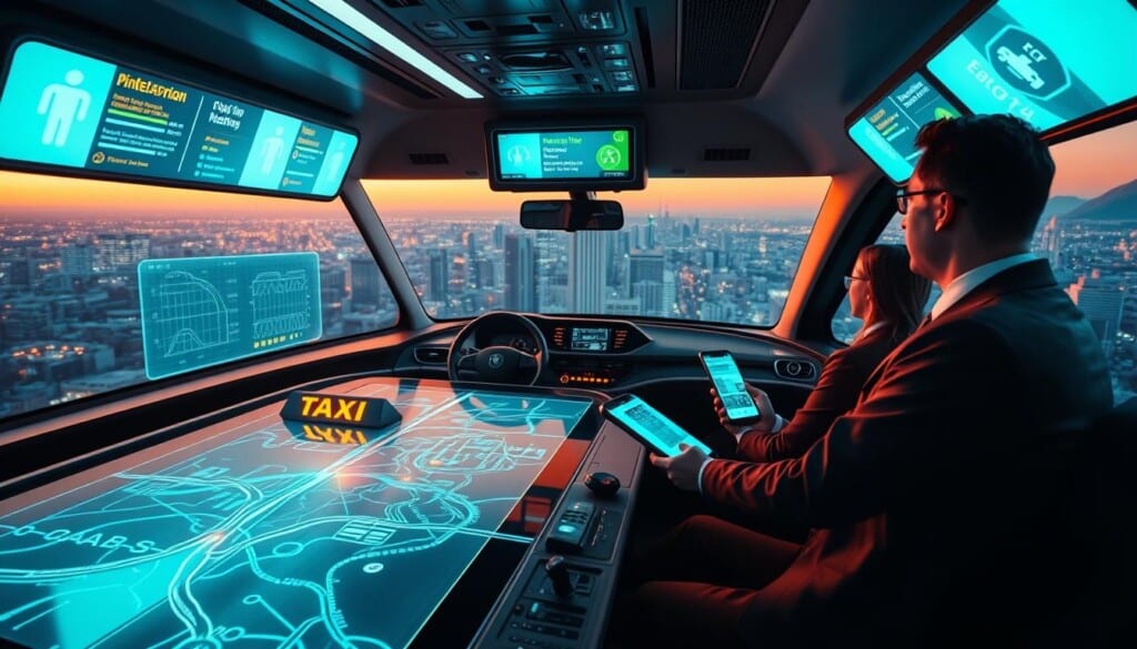 A sleek, futuristic taxi dispatch center with multiple holographic displays showcasing ride-hailing app technology. In the foreground, a virtual map pulses with real-time traffic data and passenger pick-up/drop-off locations. In the middle ground, taxi drivers interact with intuitive touchscreen interfaces, coordinating efficient routes. The background features a panoramic cityscape, bathed in warm, ambient lighting that accentuates the modern, high-tech atmosphere. The overall scene conveys a sense of seamless integration between technology and urban transportation, reflecting the future of taxis in the digital age.