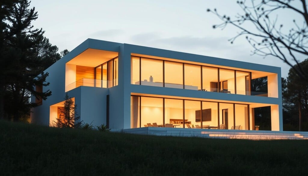 A sleek, minimalist architectural masterpiece nestled in a serene natural setting. The building features clean lines, large expanses of glass, and a simple, elegant form that seamlessly blends with the surrounding landscape. Soft, warm lighting filters through the windows, creating a calming, inviting atmosphere. The structure is photographed from a low angle, emphasizing its grandeur and impressive scale. The image captures the essence of modern, understated elegance and the harmonious integration of built and natural environments.