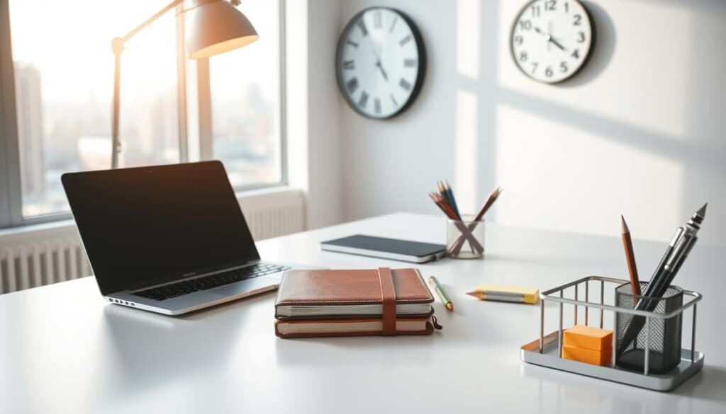 A sleek, minimalist office desk with a clean white surface. On the desk, a carefully organized array of productivity tools: a modern laptop, a leather-bound planner, a row of colorful sticky notes, and a metal desk organizer holding sharp pencils and a high-quality fountain pen. Soft, diffused lighting from a floor lamp bathes the scene in a warm, contemplative glow. In the background, a large window overlooks a cityscape, creating a sense of clarity and focus. An analog wall clock ticks steadily, underscoring the importance of time management. The overall atmosphere evokes a sense of efficiency, organization, and a dedication to optimizing one's workflow.