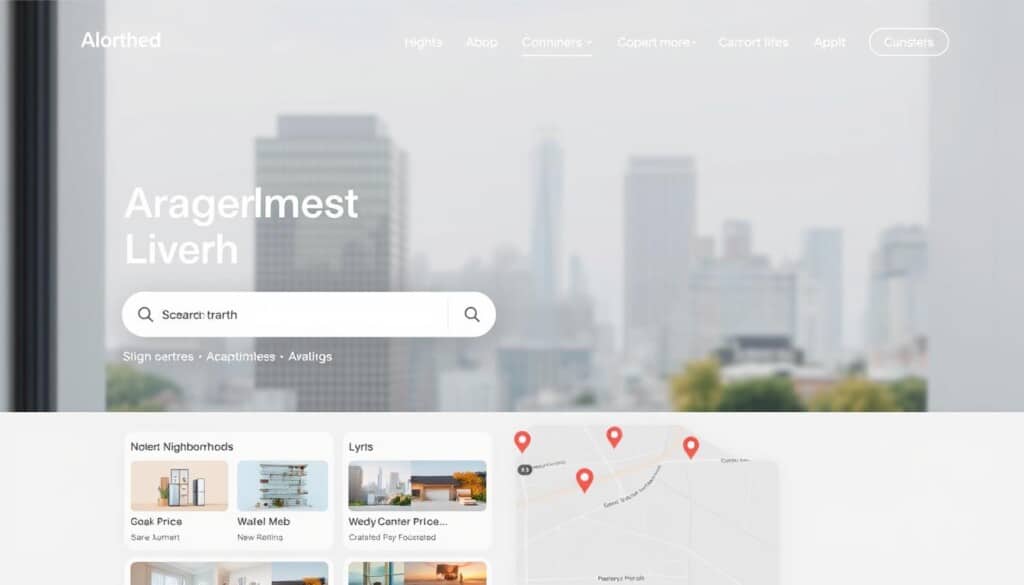 A sleek, modern apartment search platform interface, with a minimalist design featuring clean lines, muted colors, and intuitive navigation. The foreground showcases a prominent search bar, crisp icons, and neatly organized apartment listings. In the middle ground, a map view highlights various neighborhoods, with markers indicating available properties. The background features a subtle cityscape, with tall, contemporary buildings and a hint of natural elements like trees or parks, conveying an urban, yet livable atmosphere. Soft, even lighting illuminates the scene, creating a welcoming and professional ambiance. The overall impression is of a user-friendly, comprehensive platform that simplifies the apartment search process.