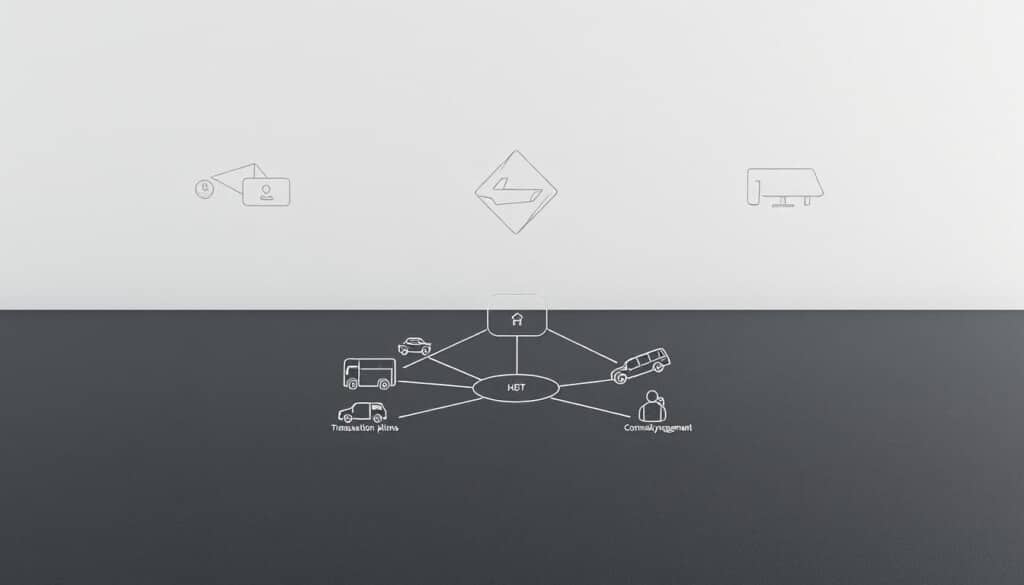 A sleek, modern business model diagram set against a minimalist, high-contrast backdrop. In the foreground, a stylized illustration depicts the key components of LocalZ's unique approach: a central hub connecting various services, transportation options, and community engagement. The middle ground features geometric shapes and clean lines, representing the efficient and streamlined nature of the model. In the background, a subtly textured surface adds depth and a sense of professionalism. Subtle lighting casts shadows, emphasizing the three-dimensional aspects of the diagram. The overall impression is one of innovation, technology, and a forward-thinking business strategy.
