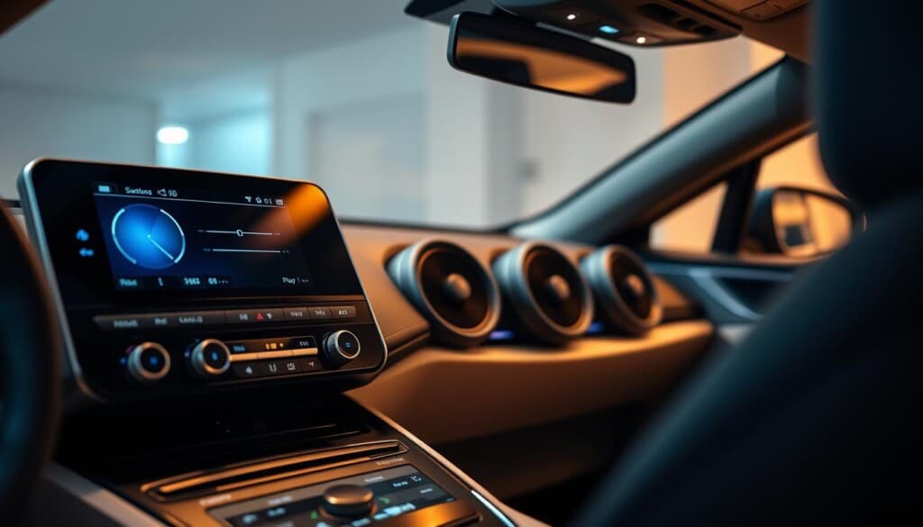 A sleek, modern car dashboard with a meticulously installed car audio system. In the foreground, a high-end car stereo unit with a large, vibrant display dominates the scene. Surrounding it, a well-organized array of controls and customization options. In the middle ground, a set of high-performance speakers are elegantly integrated into the car's interior, their sleek grilles blending seamlessly with the dashboard design. Subtle ambient lighting casts a warm, inviting glow over the setup, creating an immersive and luxurious in-car listening experience. The background features the car's interior, with clean lines, premium materials, and a sense of sophisticated style. The lighting, angles, and composition all work together to highlight the car audio upgrade's seamless integration and its transformative impact on the overall driving experience.