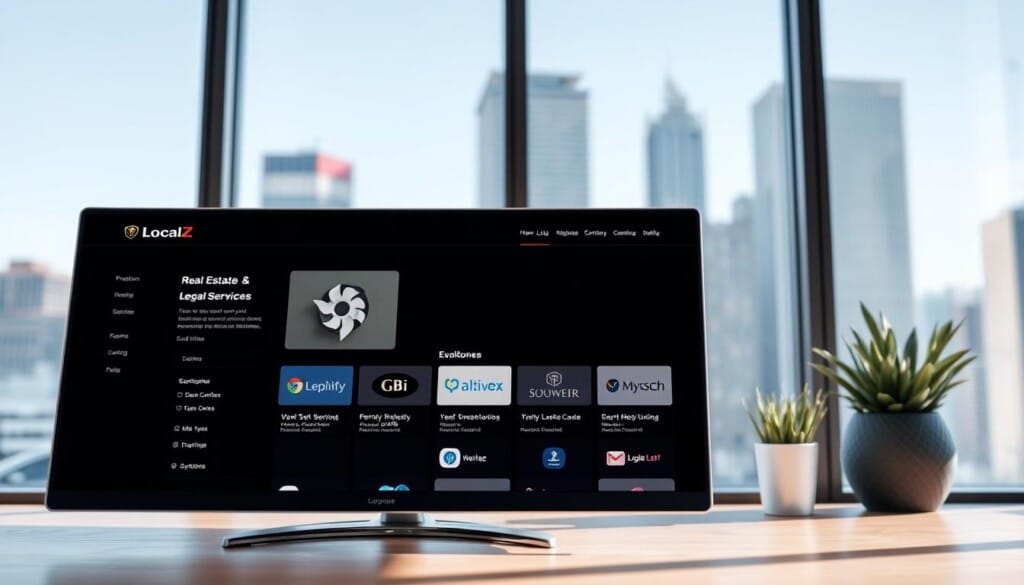 A sleek, modern desktop with a crisp, high-resolution display showcasing the "LocalZ: The Ultimate Business Directory" interface. The foreground features a stylized listing for "Real Estate Legal Services" with a clean, minimalist design and high-quality icons. The middle ground depicts a range of other business categories, each with their own distinctive logos and visual elements. The background has a subtle, blurred cityscape visible through the window, conveying a sense of professional, urban setting. The lighting is soft and natural, creating a warm, inviting atmosphere. The camera angle is slightly elevated, providing a comprehensive, bird's-eye view of the directory.