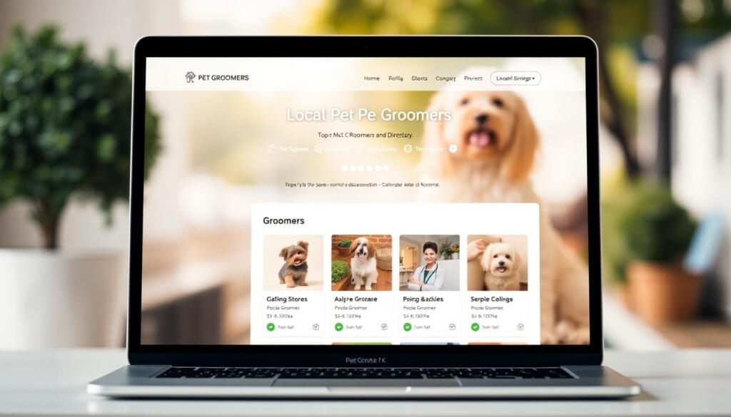 A sleek, modern directory of local pet groomers, set against a warm, inviting backdrop. The foreground features an elegant, minimalist design with clean lines and a soothing color palette. In the middle ground, thumbnails of various groomers' profiles are neatly arranged, each showcasing the business's name, location, and a professional headshot. The background depicts a softly blurred, natural setting, perhaps a cozy neighborhood street or a lush, suburban park, providing a sense of community and approachability. The lighting is soft and diffused, creating a welcoming and trustworthy atmosphere. The overall composition conveys a sense of professionalism, accessibility, and a commitment to providing top-notch pet grooming services.