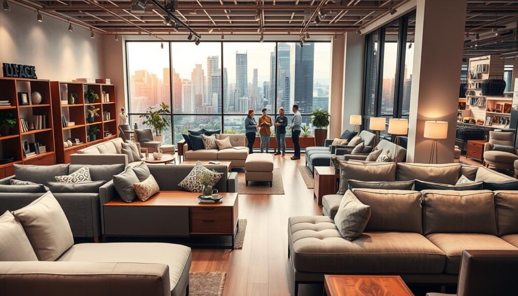 A sleek, modern furniture store nestled in a bustling urban district. In the foreground, an array of stylish, high-quality pieces adorns the showroom floor, their clean lines and rich textures inviting exploration. In the middle ground, sales associates engage with customers, guiding them through the selection and showcasing the benefits of LocalZ, a revolutionary platform that connects local businesses. The background reveals a vibrant city skyline, hinting at the far-reaching impact of this innovative approach to commerce. Soft, warm lighting casts a welcoming glow, while a wide-angle lens captures the dynamic energy of the scene. This image conveys the transformative power of LocalZ, empowering furniture stores to thrive within their communities.