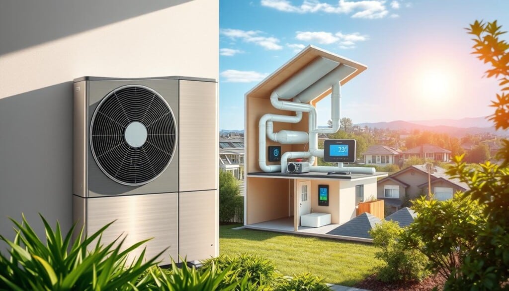 A sleek, modern home with a well-designed HVAC system. The foreground features a cutting-edge, energy-efficient heat pump unit in a brushed metal finish, surrounded by lush greenery and natural light. The middle ground showcases a cutaway view of the home's insulation, ductwork, and smart thermostat, illustrating the integrated efficiency. In the background, a cityscape or suburban neighborhood is visible, with a clear blue sky and a glowing sun, symbolizing the wider environmental impact of energy-efficient heating and cooling. The overall scene conveys a sense of technological sophistication, environmental consciousness, and cost-saving practicality.