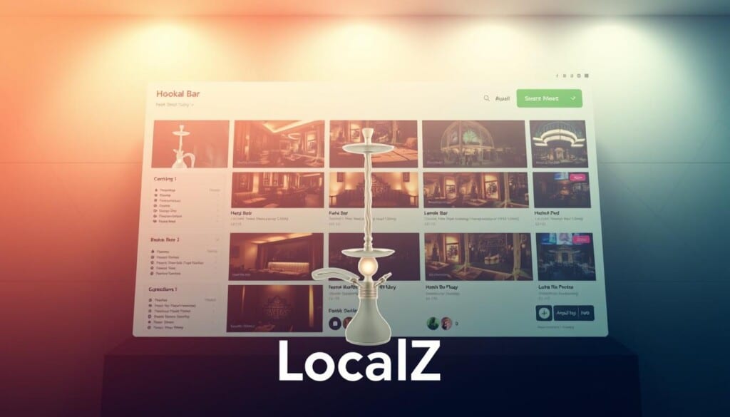 A sleek, modern interface for a hookah bar directory, showcasing an elegant grid layout with crisp images and minimalist icons. The foreground features the "LocalZ" logo prominently displayed, rendered in a soothing color palette that evokes a relaxed atmosphere. In the middle ground, a selection of intricately detailed hookah bar profiles, each with their own unique ambiance and vibe, inviting the user to explore. The background subtly blends geometric patterns and soft gradients, creating a sense of depth and sophistication. Subtle lighting from above casts a warm, inviting glow, while the camera angle captures a bird's-eye view, emphasizing the intuitive user experience.