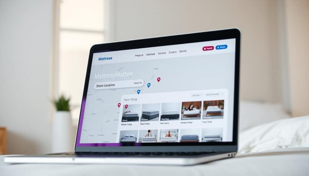 A sleek, modern mattress store locator interface displayed on a laptop screen. The foreground features an intuitive search bar and a map with pinpointed locations. The middle ground showcases an array of mattress thumbnails, inviting the user to explore product details. The background has a clean, minimalist aesthetic with subtle branding elements, creating a streamlined, user-friendly experience. The lighting is soft and natural, with a hint of ambient glow to convey a sense of comfort and relaxation. The camera angle is slightly elevated, providing an overview of the digital experience while maintaining a focus on the key informational elements.