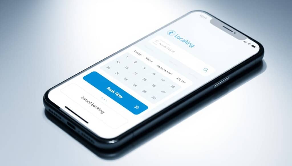 A sleek, modern mobile app interface showcasing the "Instant Booking" feature on LocalZ. The screen displays a calendar view with available appointment slots, a search bar to find nearby hair salons, and a prominent "Book Now" button. The layout is clean and intuitive, with a cool blue and white color scheme accented by subtle metallic highlights. Soft, diffused lighting creates a sense of depth and emphasizes the app's responsive, touchscreen-friendly design. The overall aesthetic conveys a seamless, hassle-free experience for scheduling appointments at elite hair salons in the user's local area.