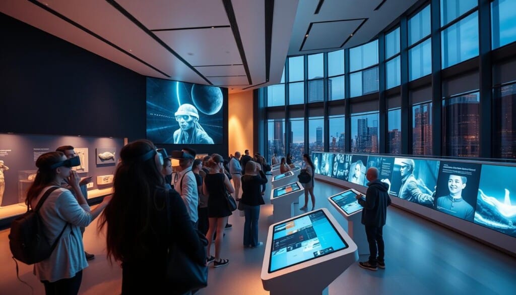 A sleek, modern museum interior with high ceilings and expansive gallery spaces. In the foreground, a group of visitors immersed in virtual reality headsets, exploring a 360-degree digital exhibit. Holograms and projected displays flicker and shimmer along the walls, showcasing curated artifacts and information. The middle ground features interactive touch-screen kiosks, where visitors can access additional content and multimedia experiences. Soft, indirect lighting casts a warm, inviting glow, enhancing the technological ambiance. The background reveals floor-to-ceiling windows, offering a panoramic view of the city skyline outside, creating a seamless blend of the physical and digital realms.