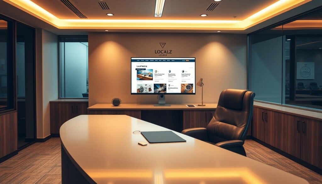 A sleek, modern office interior with a large desk, a comfortable leather chair, and a high-resolution computer monitor displaying the LocalZ website. Warm, directional lighting illuminates the desk and casts a subtle glow across the room. The monitor showcases a clean, user-friendly interface with intuitive navigation options for finding local watch store listings. The overall atmosphere is one of professionalism, efficiency, and attention to detail, reflecting the premium watch shopping experience.