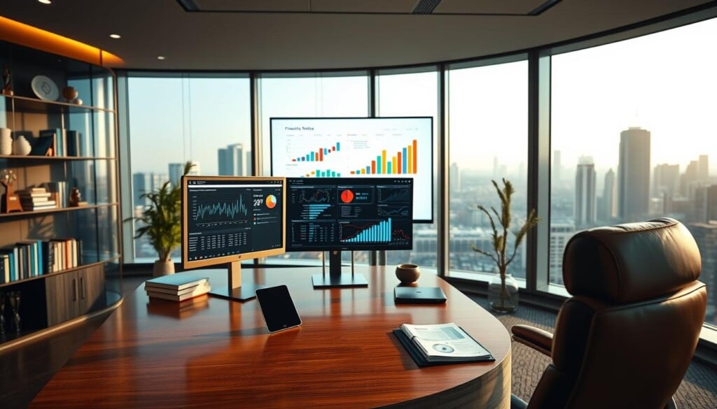 A sleek, modern office interior with large windows overlooking a bustling city skyline. In the foreground, a polished wooden desk with a state-of-the-art multi-screen computer setup, financial analytics software displayed prominently. Beside the desk, a comfortable leather chair and a small side table with a tablet device and a stack of financial reports. The middle ground features a smart digital whiteboard displaying colorful charts and graphs, flanked by shelves filled with finance books and industry awards. The background is bathed in warm, indirect lighting, creating a professional yet welcoming atmosphere conducive to thoughtful financial planning and decision-making.