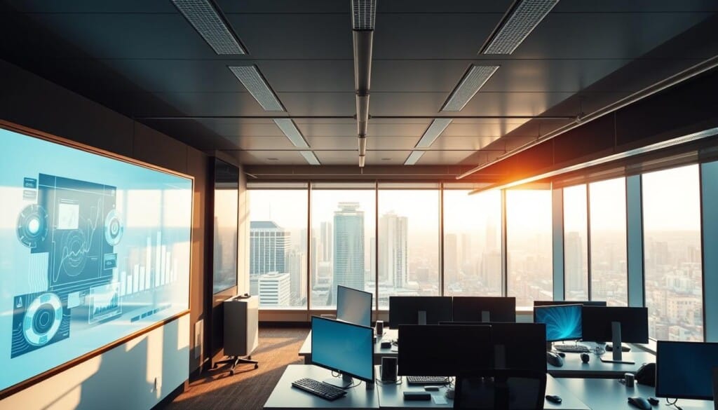 A sleek, modern office space with an array of innovative features that streamline workflow and foster collaboration. In the foreground, a large interactive whiteboard displays dynamic visualizations, while ergonomic workstations with high-tech monitors and input devices populate the middle ground. The background showcases a panoramic view of a bustling cityscape, bathed in warm, natural lighting that filters through large windows. The overall atmosphere exudes professionalism, efficiency, and a commitment to cutting-edge technology that sets LocalZ apart as a premier choice for contractors seeking a state-of-the-art workspace.