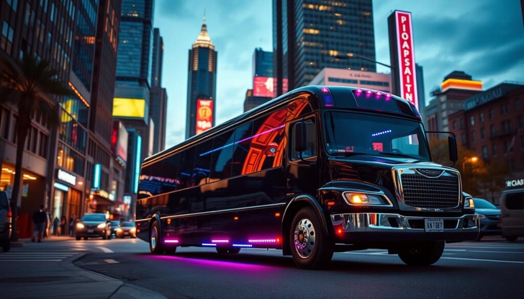 A sleek, modern party bus parked on a city street, its vibrant LED lights glowing in the dusk. The vehicle's exterior features a glossy black finish, chrome accents, and tinted windows, exuding an air of luxury. The scene is captured from a low angle, emphasizing the bus's imposing size and presence. In the background, a bustling urban landscape with towering skyscrapers, neon signs, and a hint of the night sky creates a lively, celebratory atmosphere. The lighting is warm and inviting, with a soft focus that draws the viewer's attention to the party bus, the centerpiece of the image.