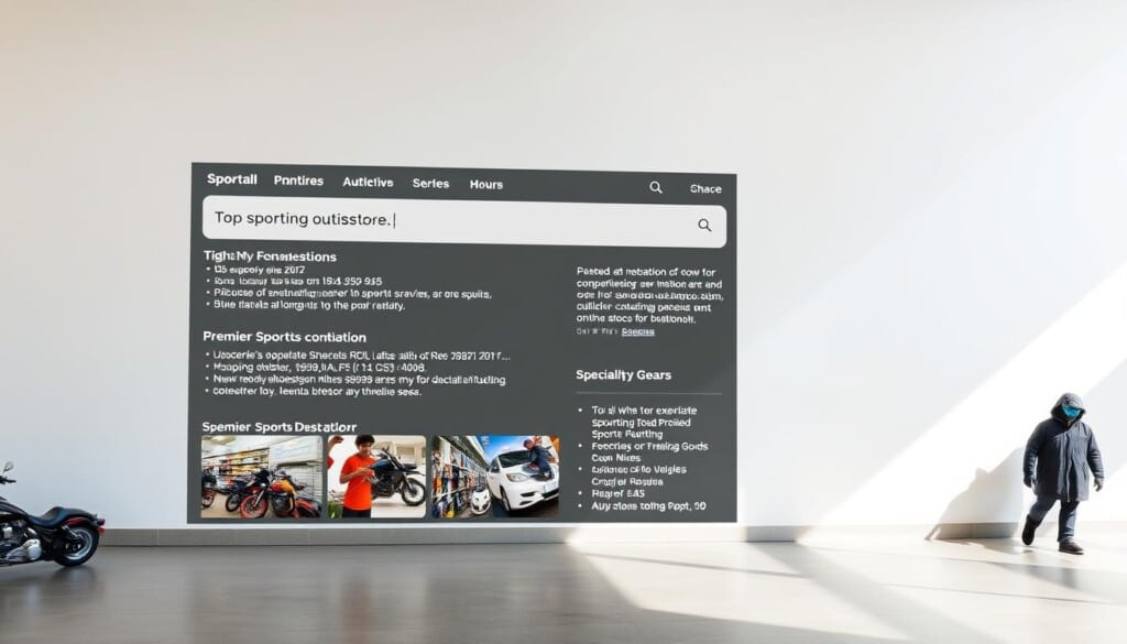 A sleek, modern search listing for top sporting goods stores, showcased against a bright, minimalist background. The listing features high-quality product images, intuitive navigation, and detailed store information - including addresses, hours, and specialty gear. Soft, natural lighting illuminates the scene, capturing the expertise and variety of these premier sports outfitters. The layout is clean and uncluttered, drawing the eye to the essential details customers need to find their perfect local sporting goods destination. An inviting, consumer-friendly interface that embodies the excitement and adventure of gearing up for any athletic pursuit.