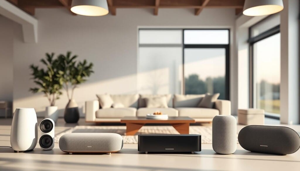 A sleek, modern setup of smart speakers arranged in a stylish, minimalist living room. Soft, warm lighting from overhead fixtures creates a cozy, inviting atmosphere. The speakers, rendered with fine detail, stand prominently in the foreground, their elegant, sculpted designs blending seamlessly with the minimalist decor. In the middle ground, a modern sofa and coffee table complete the contemporary living space. The background features clean, white walls and large windows overlooking a tranquil outdoor scene, emphasizing the integration of technology and design in this premium audio setup.