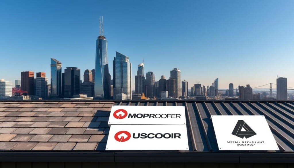 A sleek, modern skyline with towering skyscrapers and high-rise buildings in the background, casting long shadows across a bustling cityscape. In the foreground, a collection of prominent roofing brand logos - from the elegant curves of a premium slate roof to the bold, geometric patterns of a contemporary metal roofing system. The lighting is crisp and directional, highlighting the intricate textures and details of the roofing materials, creating a sense of depth and visual interest. The overall composition conveys a sense of sophistication, innovation, and the leading edge of the roofing industry.