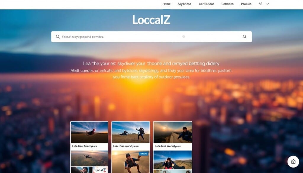 A sleek, modern web-based local business directory interface, showcasing the "LocalZ" brand name prominently. The foreground features a clean, minimalist search bar and intuitive navigation menu, inviting users to easily find and explore nearby skydiving providers. The middle ground displays a grid of business listings, each with an eye-catching thumbnail image, business name, and brief description. The background depicts a subtly out-of-focus cityscape, hinting at the local nature of the service. The overall mood is one of trustworthiness, efficiency, and a passion for outdoor adventure. Crisp, warm lighting illuminates the scene, creating a welcoming and professional atmosphere.