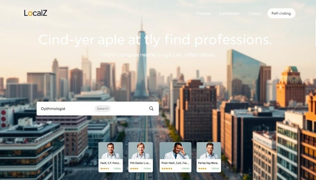 A sleek, modern website interface showcasing a directory for finding local ophthalmologists. In the foreground, a clean search bar and filter options allow users to easily find and compare nearby eye care professionals. The middle ground features a grid of thumbnail profiles, each displaying the doctor's name, specialty, and overall rating. In the background, a vibrant cityscape with skyscrapers and bustling streets conveys a sense of urban connectivity, highlighting the convenience of the LocalZ platform. Soft, directional lighting accentuates the streamlined design, while a warm color palette and minimal UI elements create a professional, trustworthy atmosphere.
