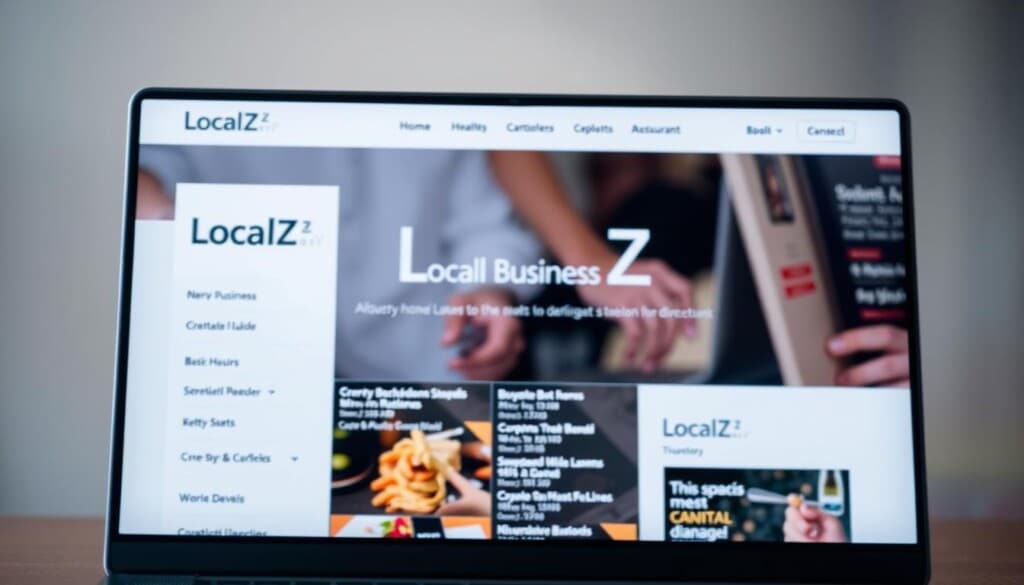 A sleek, modern website interface showcasing the LocalZ local business directory. In the foreground, a clean, minimalist navigation bar with an elegant LocalZ logo. The middle ground features a visually-appealing directory listing, with business names, addresses, and contact details neatly arranged. The background has a subtle gradient or texture, creating a sense of depth and professionalism. The lighting is soft and diffused, lending a warm, inviting atmosphere. The overall composition conveys a sense of user-friendly functionality and trustworthiness, perfect for illustrating the role of local business directories in the restaurant industry.