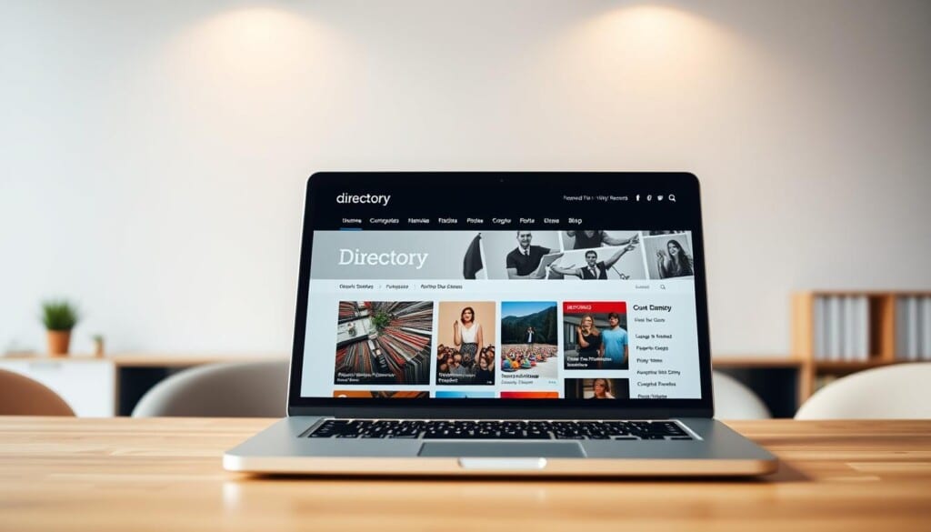 A sleek online directory website displayed on a laptop screen, set against a minimalist office backdrop. The directory features crisp typography, intuitive navigation, and vibrant icons representing various categories. Warm, diffused lighting creates a professional, inviting atmosphere. The overall composition emphasizes the accessibility and user-friendliness of the digital platform, showcasing its potential to connect customers with niche businesses like vinyl record stores across the United States.