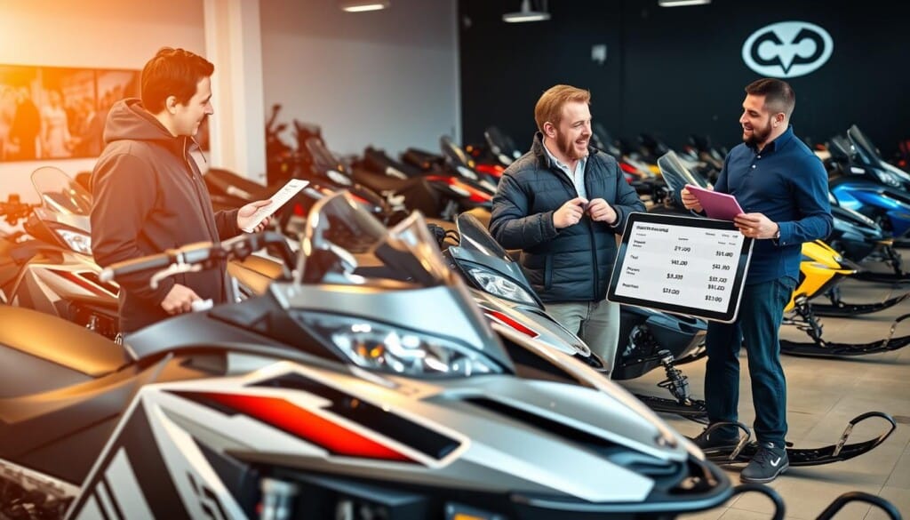 A sleek snowmobile parked in a well-lit showroom, its shiny metallic body and bold graphics catching the eye. In the foreground, a sales representative animatedly discusses financing options with a prospective customer, gesturing towards a tablet displaying various payment plans. The middle ground showcases an array of snowmobiles in different colors and models, each gleaming under the warm, inviting lighting. The background blends seamlessly, with a subtle hint of the dealer's logo visible on the wall, creating a professional and trustworthy atmosphere. The scene conveys a sense of excitement and confidence in the customer's ability to find the perfect snowmobile and secure favorable financing terms.