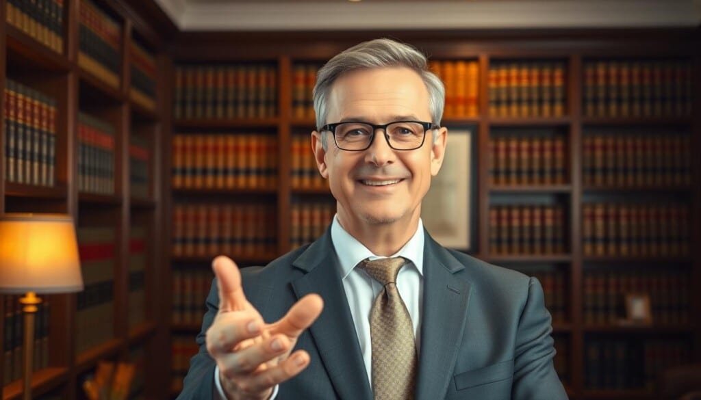 A smartly dressed, middle-aged individual stands confidently in a well-appointed law office, bookshelves lining the walls behind them. Warm, directional lighting casts a professional, authoritative glow, as they gesture towards the viewer, exuding an air of expertise and experience. The office space conveys a sense of sophistication and attention to detail, reflecting the high caliber of legal services on offer. The overall scene evokes a trustworthy, reliable, and knowledgeable divorce attorney, ready to provide exceptional guidance and representation.