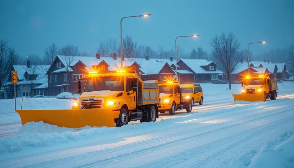 A snow-covered city street at dusk, with a fleet of bright yellow snow plows and trucks from LocalZ snow removal services clearing the roads. The vehicles are equipped with bright flashing lights, salt spreaders, and sturdy blades, efficiently cutting through the thick, fluffy snow. In the background, a row of cozy-looking houses and businesses are partially obscured by the falling snow, creating a warm, inviting atmosphere. The scene is illuminated by the soft, warm glow of streetlights and the headlights of the snow removal vehicles, casting long shadows across the pristine white landscape. The overall mood is one of reliable, hardworking efficiency in the face of a winter storm.