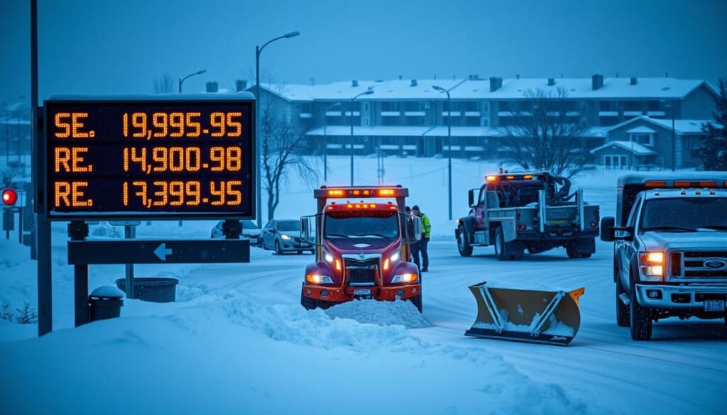A snow-covered urban landscape, with a fleet of snow plows and salt trucks working tirelessly to clear the streets. In the foreground, a large digital display board shows the real-time costs of the snow removal operation, with figures rapidly updating as the work progresses. The middle ground features a group of municipal workers coordinating the cleanup efforts, their faces illuminated by the warm glow of the plows' headlights. In the background, a row of residential and commercial buildings stand as silent witnesses to the efficient, yet costly, removal of the winter's accumulated snow. The scene is bathed in a cool, bluish hue, emphasizing the chill of the season and the practical necessity of the work at hand.