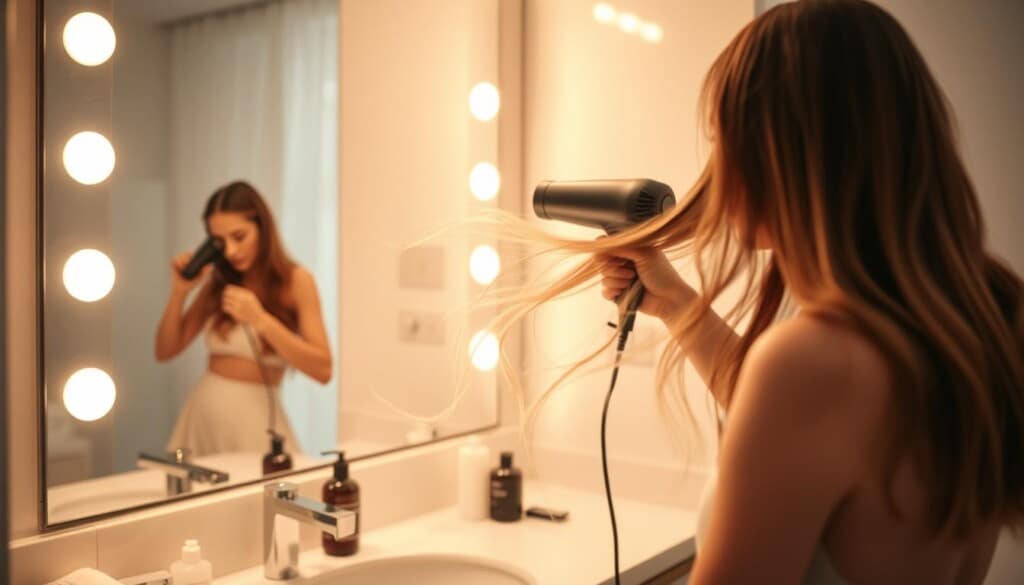 A softly lit bathroom interior, with a vanity mirror reflecting the silhouette of a woman drying her hair with a blow dryer. The countertop is neatly organized with hair products and tools, creating a serene and inviting ambiance. Warm, diffused lighting casts a gentle glow, highlighting the delicate strands of hair as they flow effortlessly. The focus is on the act of blow drying, capturing the duration and care involved in achieving a salon-quality finish. A minimalist, high-end aesthetic pervades the scene, suggesting a premium blow dry experience.