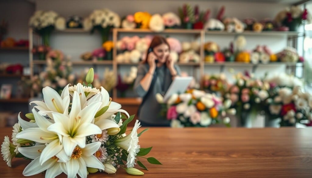 A solemn wooden desk, its surface adorned with a selection of vibrant funeral flower arrangements. In the foreground, a delicate bouquet of white lilies and chrysanthemums, their petals softly illuminated by warm, diffused lighting. In the middle ground, a customer places an order over the phone, their expression one of quiet contemplation. The background features a tranquil floral shop, its shelves brimming with a diverse array of blooms in muted hues, conveying a sense of reverence and care. The scene evokes a serene, yet poignant atmosphere, befitting the sensitive task of ordering funeral flowers.