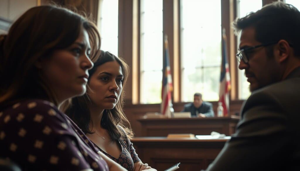 A somber courtroom scene, natural lighting filtering through tall windows, casting a warm glow on the tense expressions of a family in the midst of a heated child custody dispute. In the foreground, a concerned mother and father, their body language conveying the weight of the decision before them. In the background, a judge presiding over the proceedings, an impartial observer tasked with determining the best interests of the child. The atmosphere is one of solemn deliberation, where the future of a young life hangs in the balance, and the outcome will shape the path forward for all involved.