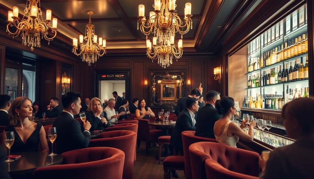 A sophisticated and elegant interior of a high-end Champagne bar in New York City. The scene depicts the bar's intimate ambiance, with plush velvet seating, warm lighting from ornate chandeliers, and polished wooden accents. Smartly dressed patrons sip from flutes of bubbly, engaged in lively conversation. The bar is stocked with an impressive selection of premium Champagne bottles, creating an atmosphere of refined indulgence. A sense of luxury pervades the space, with attention to detail in the decor and furnishings. The camera captures the scene from a slightly elevated angle, providing a glimpse of the vibrant energy and refined sophistication of the best Champagne bars in the bustling heart of New York City.