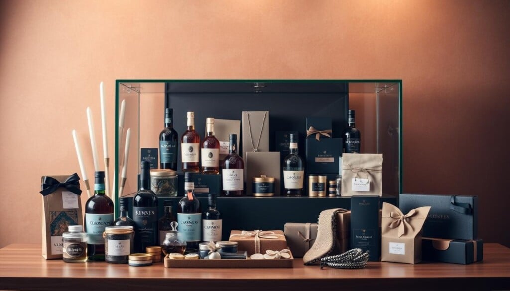 A sophisticated corporate gifting arrangement, featuring a sleek glass-topped display case filled with an assortment of premium gifts. The case is set against a backdrop of warm, muted colors and textures, evoking a sense of understated elegance. The lighting is soft and diffused, creating a inviting ambiance. In the foreground, a selection of artisanal food items, fine spirits, and handcrafted accessories are neatly arranged, conveying a sense of thoughtfulness and attention to detail. The overall composition exudes a polished, professional aesthetic that would be well-suited for a high-end corporate gifting experience.