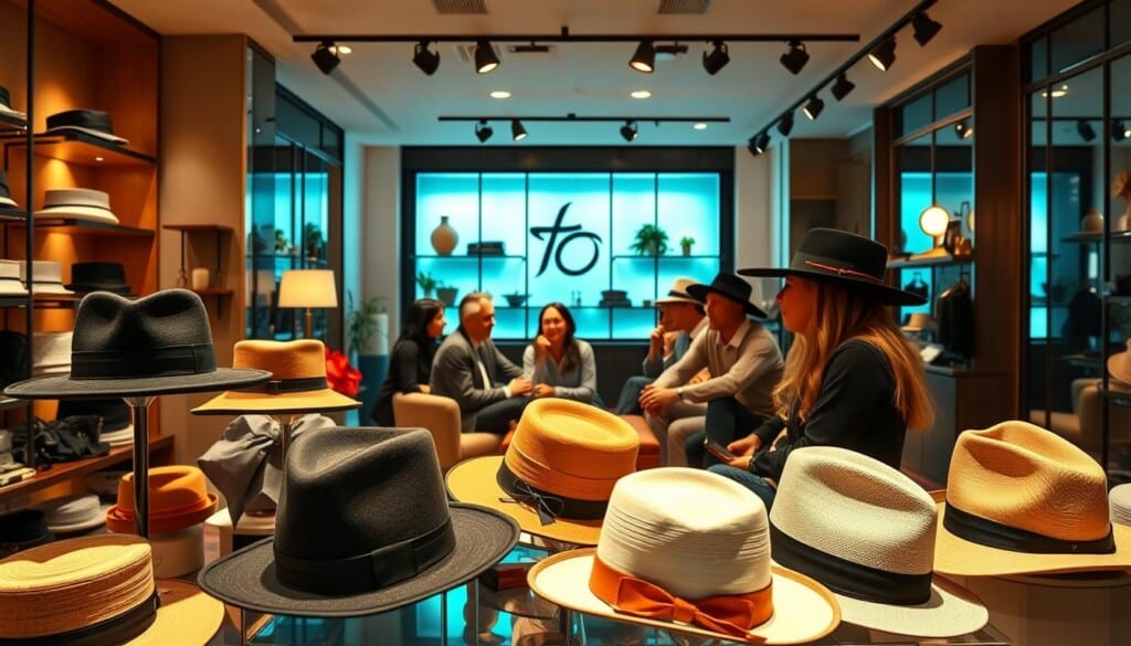 A sophisticated customer testimonials display featuring stylized hats set against a warm, inviting atmosphere. The foreground showcases a collection of elegantly crafted hats in various styles and materials, arranged in a visually appealing manner. The middle ground depicts satisfied customers engaged in lively discussion, their expressions conveying a sense of delight and satisfaction. The background features a chic, modern hat shop interior with delicate lighting, plush seating, and tasteful decor that enhances the overall ambiance. The scene is captured through a wide-angle lens, providing a comprehensive view that captures the essence of the innovative hat shopping experience.