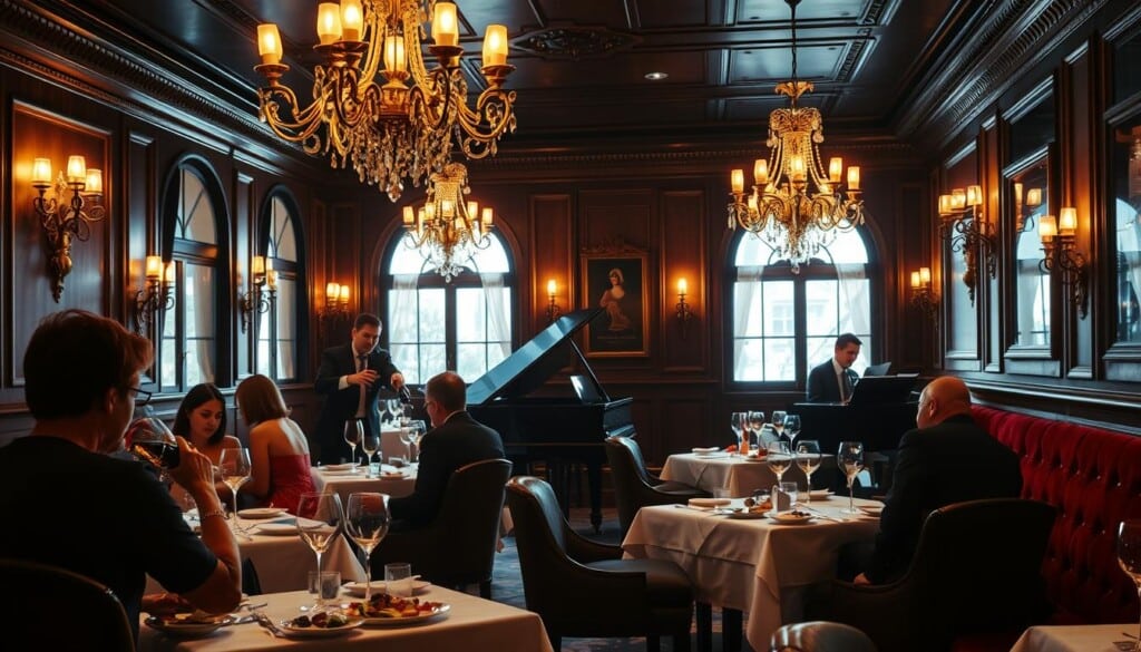 A sophisticated, dimly-lit French restaurant interior with ornate chandeliers casting a warm, golden glow. Elegant guests seated at white-linen-draped tables, delicately savoring exquisite dishes presented on fine bone china. A sommelier pours a vintage red wine into crystal stemware. In the background, a pianist elegantly plays a grand piano, creating a sophisticated ambiance. The space is accented with rich, dark wood paneling, plush velvet seating, and antique wall sconces. The overall atmosphere evokes a refined, one-of-a-kind dining experience that transports the senses to the heart of French culinary tradition.