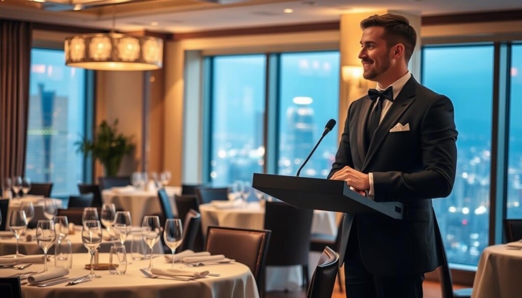 A sophisticated dining room with elegant table settings and fine china. Soft, warm lighting casts a flattering glow, while large windows offer a view of a bustling city skyline in the distance. In the foreground, a well-dressed host greets guests at a podium, graciously guiding them to their reserved table. The atmosphere is one of refined luxury, where every detail has been carefully curated to create an unforgettable fine dining experience.