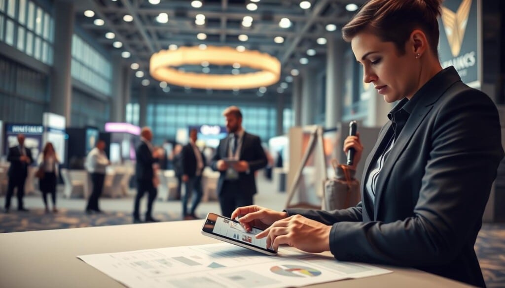 A sophisticated event planning scene with a professional coordinator in the foreground, meticulously arranging venue layout and decor on a digital tablet. In the middle ground, a team of event staff discuss logistics, with a large convention center in the background, its modern architecture and bustling activity conveying a sense of scale and importance. Soft, diffused lighting casts a warm, productive atmosphere, while a subtle depth of field draws the viewer's focus to the central planning process. The overall composition emphasizes the complexity and attention to detail required to execute a successful convention or trade show event.