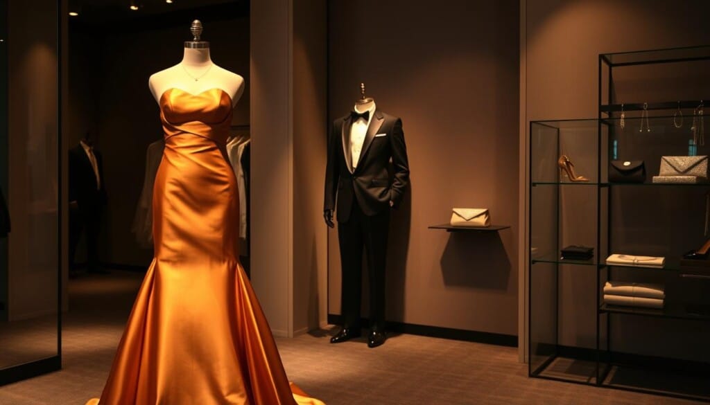 A sophisticated fashion gallery showcasing a refined selection of formal wear styles. In the foreground, a striking evening gown with a structured bodice and a cascading satin skirt, illuminated by warm, theatrical lighting. In the middle ground, a timeless tuxedo in a classic black and white palette, the crisp lines and tailored silhouette suggesting elegance and poise. In the background, a subtle array of evening accessories - delicate jewelry, a shimmering clutch, and a pair of sophisticated heels - all set against a muted, atmospheric backdrop that evokes the ambiance of an upscale boutique. The overall scene conveys a sense of refined luxury and sartorial excellence, inviting the viewer to explore the world of formal attire.