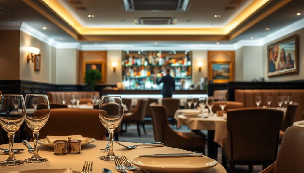 A sophisticated fine dining restaurant interior with a warm, inviting ambiance. The foreground features an elegantly set table with fine china, crystal glassware, and ornate silverware. Soft, indirect lighting casts a gentle glow, creating a cozy and intimate atmosphere. The middle ground showcases a well-appointed bar area with a selection of premium liquors and a knowledgeable bartender. In the background, high ceilings, plush upholstery, and tasteful artwork evoke a sense of refined elegance. The overall scene exudes a harmonious balance of luxury, sophistication, and attention to detail, reflecting the discerning experience of choosing the perfect fine dining establishment.