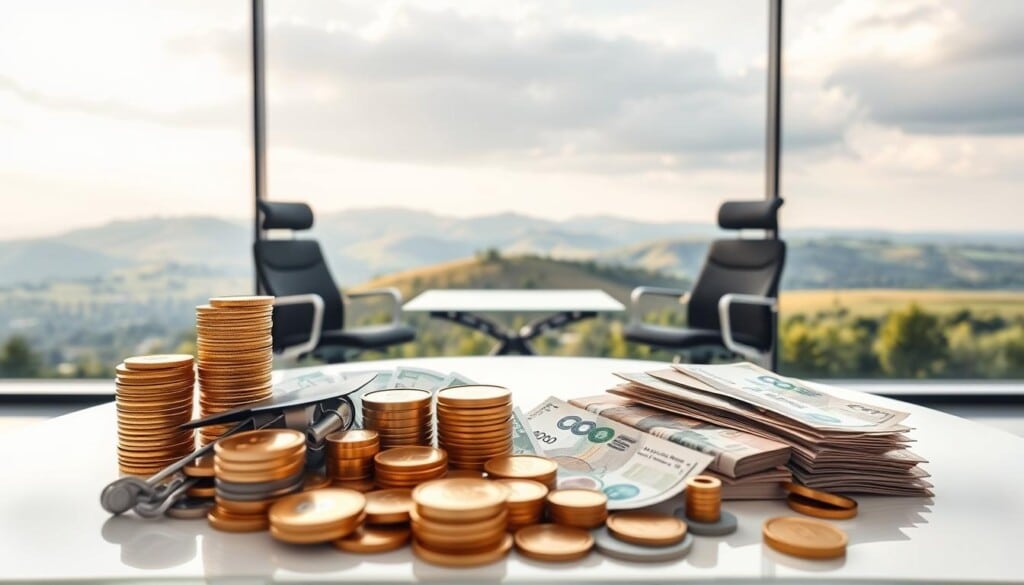A sophisticated investment portfolio displayed against a backdrop of a serene, natural landscape. In the foreground, a collection of financial instruments - stocks, bonds, and currencies - arranged in a visually striking composition, conveying the complexities of investment risk management. The middle ground features a modern, minimalist office setting, with a geometric glass table and ergonomic chairs, creating a sense of professional deliberation. In the background, a panoramic vista of rolling hills and a calming sky, suggesting the importance of balancing risk-taking with long-term perspectives. Soft, diffused lighting illuminates the scene, evoking a sense of thoughtful consideration and measured decision-making.