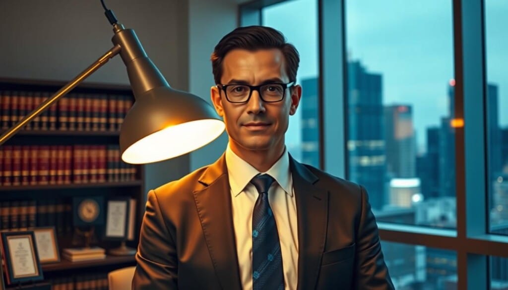 A sophisticated medical malpractice attorney stands confidently in a modern office, dressed in a sharp suit and tie. The foreground features a large desk lamp casting warm, directional lighting on their face, conveying a sense of gravitas and professionalism. In the middle ground, a bookshelf filled with legal tomes and accolades hints at their extensive expertise. The background showcases floor-to-ceiling windows, offering a cityscape view that emphasizes the attorney's urban environment and the urgency of their work. The overall atmosphere is one of authority, diligence, and the importance of timely action in securing justice for their clients.