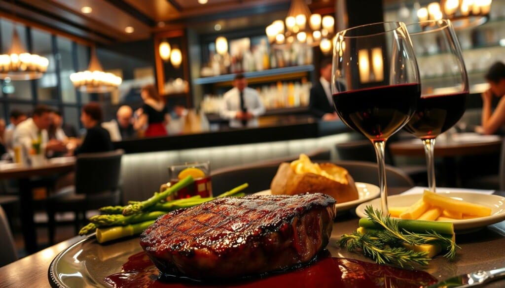 A sophisticated, modern steakhouse interior with mood lighting and elegant decor. In the foreground, a juicy, perfectly seared steak takes center stage, accompanied by a selection of premium sides like roasted asparagus, loaded baked potato, and a glass of fine red wine. In the middle ground, a bartender skillfully preparing craft cocktails, while in the background, well-dressed diners converse over the hum of an upscale ambiance. Capture the essence of the quintessential American steakhouse experience, exuding an atmosphere of refined indulgence and culinary excellence.