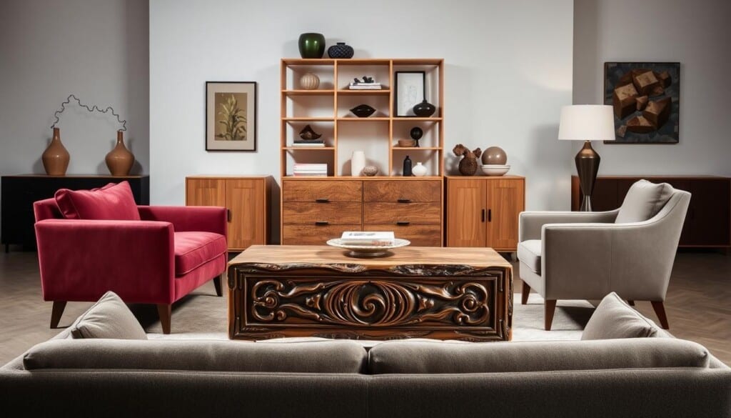 A sophisticated showcase of diverse furniture styles, captured in a well-lit studio setting. In the foreground, a mid-century modern sofa in a rich, jewel-toned upholstery commands attention. Flanking it, a pair of sleek, angular armchairs in a contrasting neutral tone. In the middle ground, a rustic wooden coffee table with intricate carved detailing serves as a natural centerpiece. Behind, a minimalist Scandinavian-inspired bookshelf displays a variety of decorative objects, each reflecting a distinct design aesthetic. The overall composition exudes a harmonious blend of classic and contemporary, inviting the viewer to imagine how these styles could complement one another in a curated living space.
