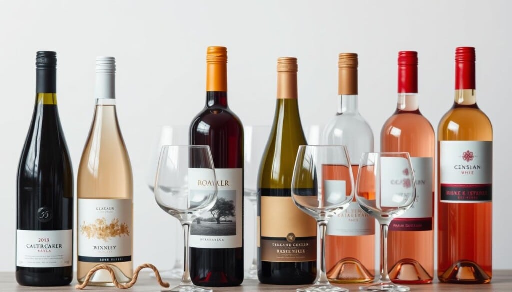 A sophisticated still life arrangement of popular wine bottles and glasses against a neutral background. The foreground features elegantly displayed bottles of red, white, and rosé wines, each with distinct labels and shapes. In the middle ground, a selection of wine glasses in varying styles catch the soft, diffused lighting, creating a warm, inviting ambiance. The background is a clean, minimalist setting, allowing the wine and glassware to take center stage. The overall composition exudes a sense of refinement, highlighting the allure and diversity of the featured wines.