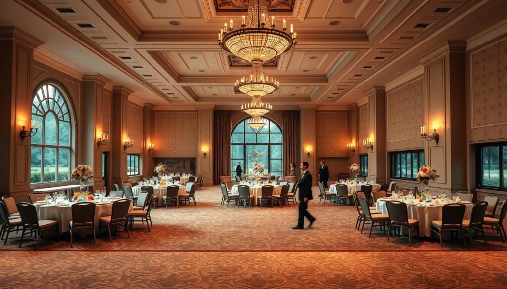 A spacious and elegant banquet hall, its grand entryway adorned with ornate columns and a majestic chandelier overhead. Plush carpets line the floor, leading guests to the main event space where round tables are set with fine china, glimmering silverware, and delicate floral centerpieces. Warm, ambient lighting from sconces on the walls creates a cozy, inviting atmosphere, while large windows along one side offer a glimpse of the lush, manicured grounds outside. A team of attentive staff move gracefully, ensuring every detail is attended to, as the hall awaits its next special event.