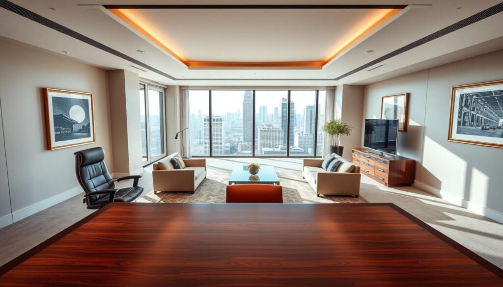 A spacious and well-appointed executive office suite, featuring a sleek, modern design with an abundance of natural light. In the foreground, a large, polished wooden desk takes center stage, complemented by an ergonomic leather chair. The middle ground showcases a seating area with plush, comfortable armchairs and a low, glass-topped coffee table, perfect for hosting meetings or informal discussions. The background boasts floor-to-ceiling windows, offering panoramic views of a bustling city skyline. Subtle hints of luxury, such as elegant artwork and a minimalist, yet sophisticated color palette, create an atmosphere of refined professionalism and success.