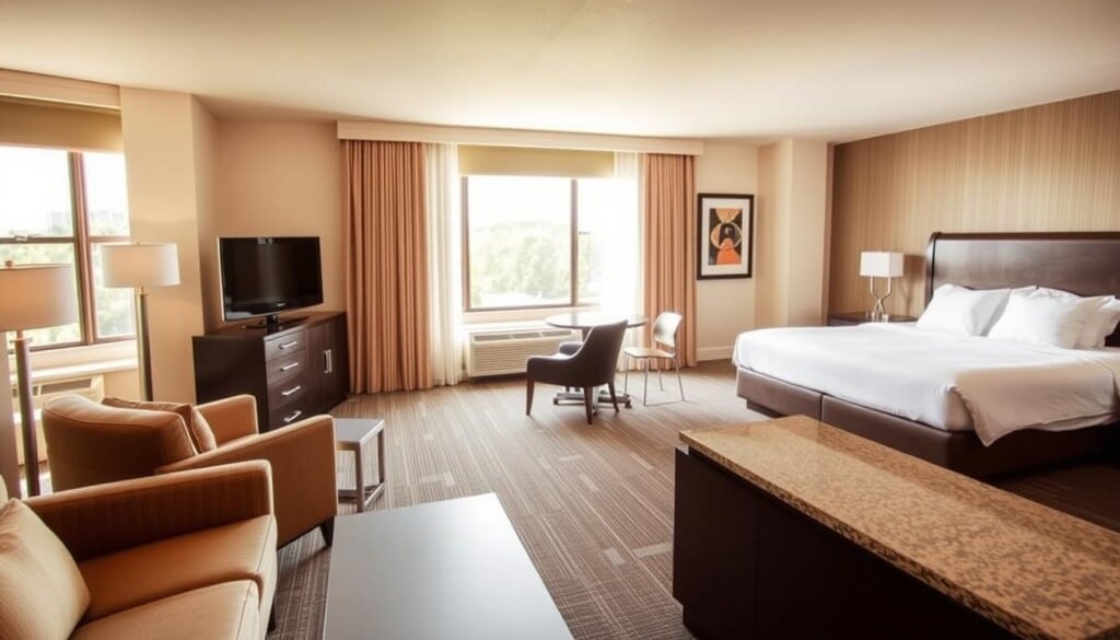 A spacious and well-appointed extended stay hotel room, flooded with warm, natural light from large windows. In the foreground, a cozy seating area with plush armchairs and a sleek, modern coffee table. The middle ground showcases a kitchenette with gleaming appliances and ample counter space, ideal for preparing meals. In the background, a king-sized bed with crisp, white linens invites rest and relaxation. The overall atmosphere conveys a sense of comfort, functionality, and sophistication, perfect for the discerning executive.