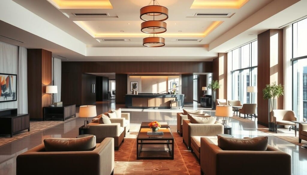 A spacious and well-appointed lobby of a premium executive suite, bathed in the warm glow of natural lighting that filters through large windows. The interior is designed with a sophisticated and modern aesthetic, featuring plush seating areas, sleek furnishings, and subtle decorative accents that convey a sense of refined luxury. In the background, a concierge desk stands ready to assist guests, creating an atmosphere of attentive service and comfortable hospitality. The overall scene evokes a welcoming and inviting environment suitable for extended stays, catering to the needs of discerning business travelers.