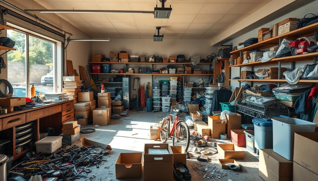 A spacious and well-lit garage, floor cluttered with boxes, tools, and miscellaneous items. Sunlight streams through the open garage door, casting warm shadows across the disorganized space. In the foreground, a workbench overflows with hardware and discarded projects. The middle ground reveals stacks of storage containers and a jumble of sports equipment. In the background, shelves line the walls, filled with a chaotic array of items waiting to be sorted and stored. The overall atmosphere is one of overwhelming clutter, begging to be decluttered and reorganized.